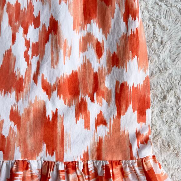 Cache strapless coral orange abstract print mini dress ruffle hem Y2K vintage 4 - Picture 11 of 16